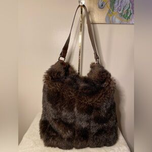 Bath & Body Works Brown Faux Fur Shoulder Bag Reversible Croc Handle EUC